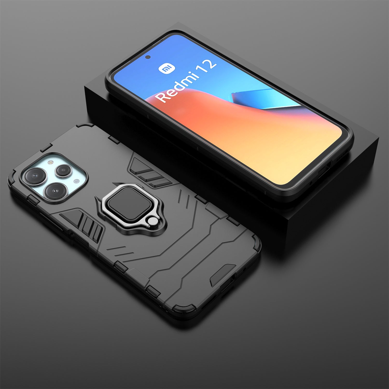 Uniqkart for Xiaomi Redmi 12 4G Drop-Proof Shell Ring Holder Kickstand Protective Cover TPU + PC Phone Case - Black Uniqkart for Xiaomi Redmi 12 4G Drop-Proof Shell Ring Holder Kickstand Protective Cover TPU + PC Phone Case - Black
